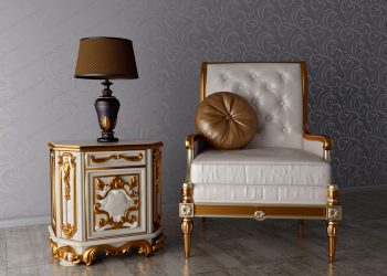 classical interior, armchair and lamp in the room